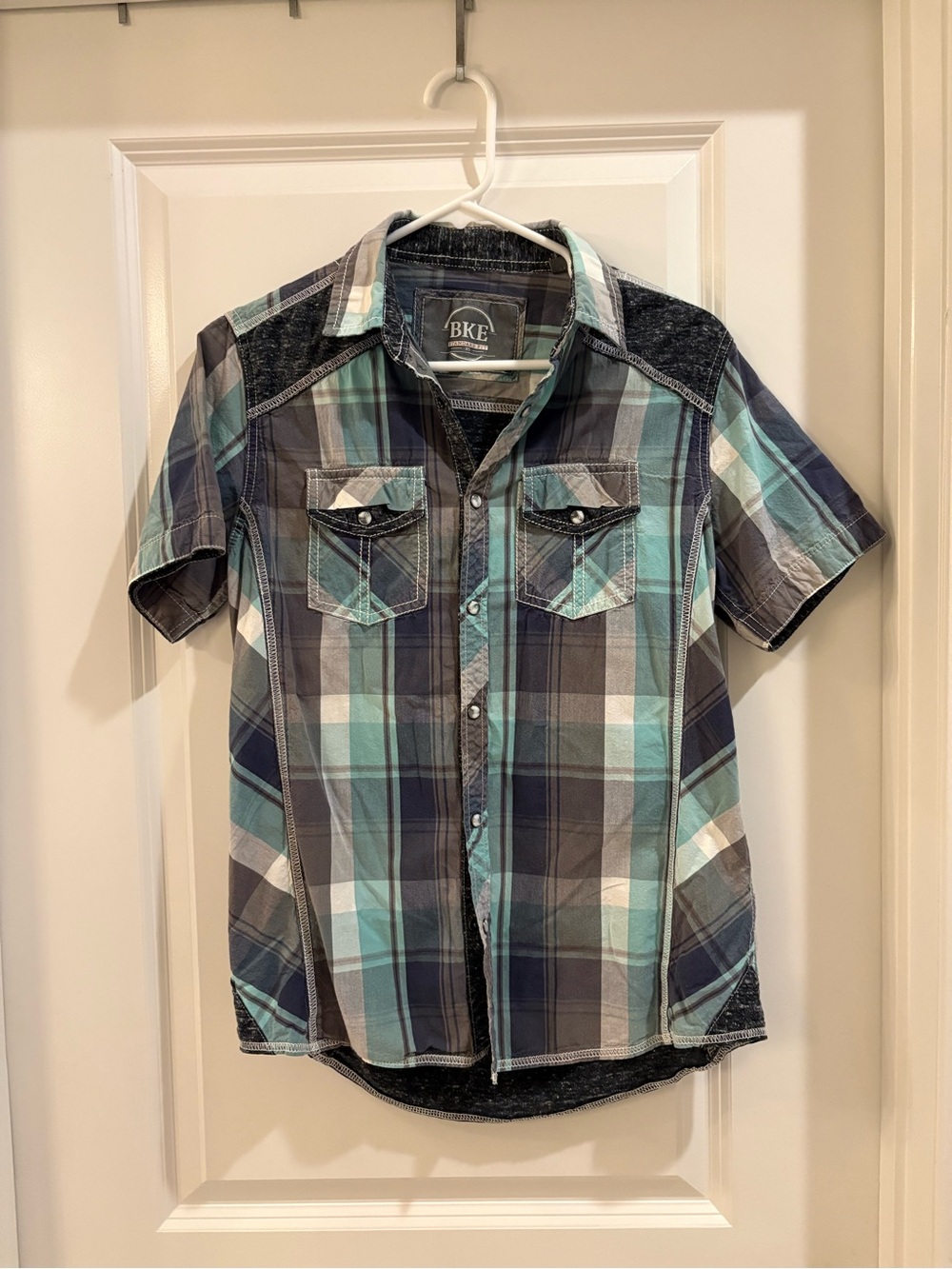 BKE Plaid Short Sleeve Shirt in Teal & Navy